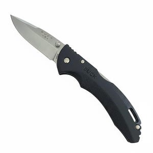 May include: A black folding knife with a silver blade. The blade is marked "BUCK USA". The handle is black and textured. The knife is designed for everyday carry and outdoor use.