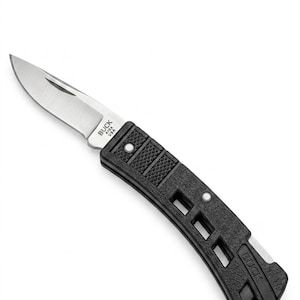 May include: A black folding knife with a silver blade. The knife has a textured handle with the brand name "BUCK" and "4754 USA" printed on the blade. The knife is angled diagonally against a white background.
