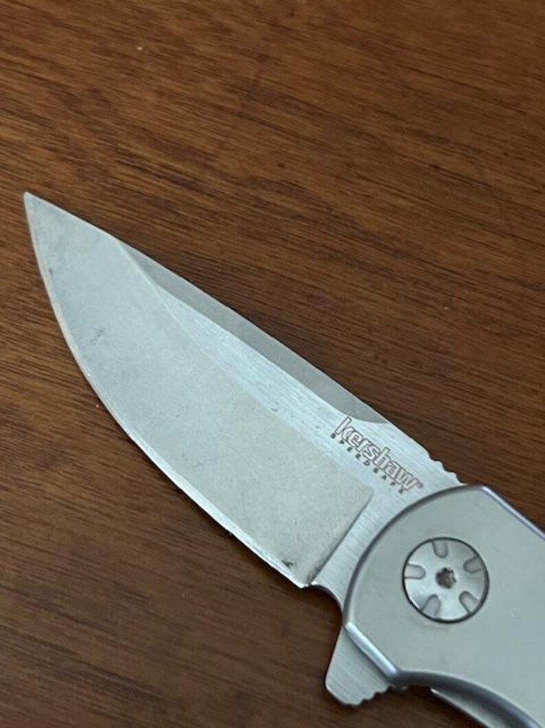 Op de afbeelding: Een zilverkleurig vouwmesblad met een puntige top en een scherpe snede. Het metalen oppervlak is voorzien van de gegraveerde tekst Kershaw SpeedSafe bij het draaipunt, dat een ronde schroefkop met een zespuntig sterpatroon bevat.