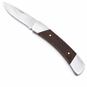May include: A stainless steel folding knife with a dark wood handle. The knife blade is open, revealing the sharp edge. The handle has two small white rivets and silver-colored metal accents.