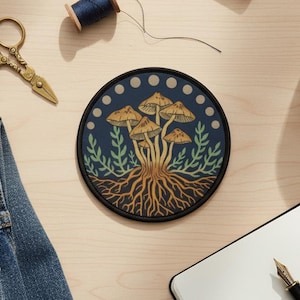 Mushroom Roots Iron-On Patch | Botanical Mycelium, Moon Phases