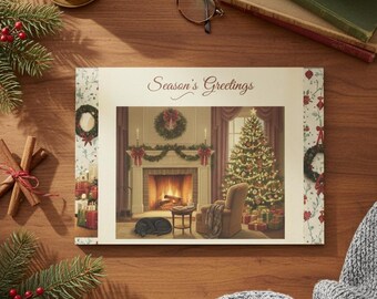 以下が含まれることがあります： 「Season's Greetings」の文字が入ったグリーティングカード、ろうそく、メガネ、コーヒーカップ、本、シナモンスティック、赤い実のついた松の枝など、お祝いをテーマにした静物画。カードには、居心地の良いクリスマスのシーンが描かれています。