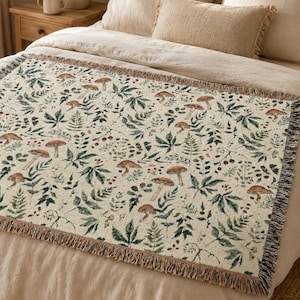 Gewebte Decke mit Pilz- und Blumenmuster | Botanisches Waldmotiv
