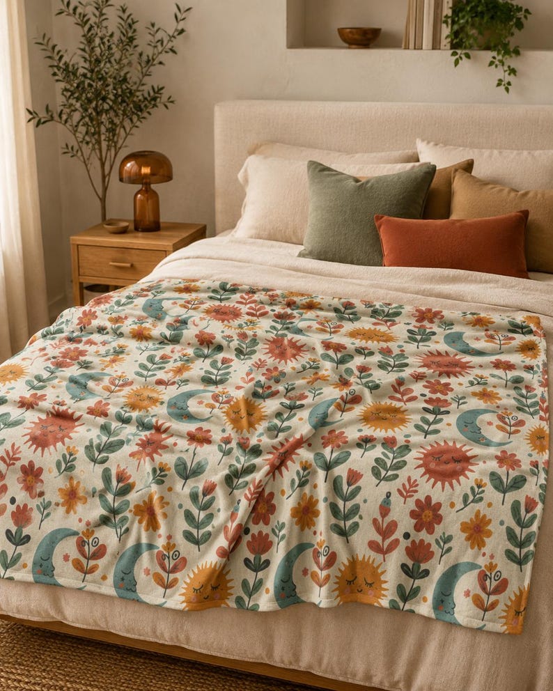 May include: A cream-colored throw blanket featuring a repeating pattern of stylized suns with faces, crescent moons with faces, and various floral elements in shades of orange, red, teal, and green, draped over a bed with neutral-toned pillows.