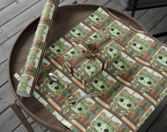 Kawaii Cat Succulent Wrapping Paper | Mint Green, Retro Style