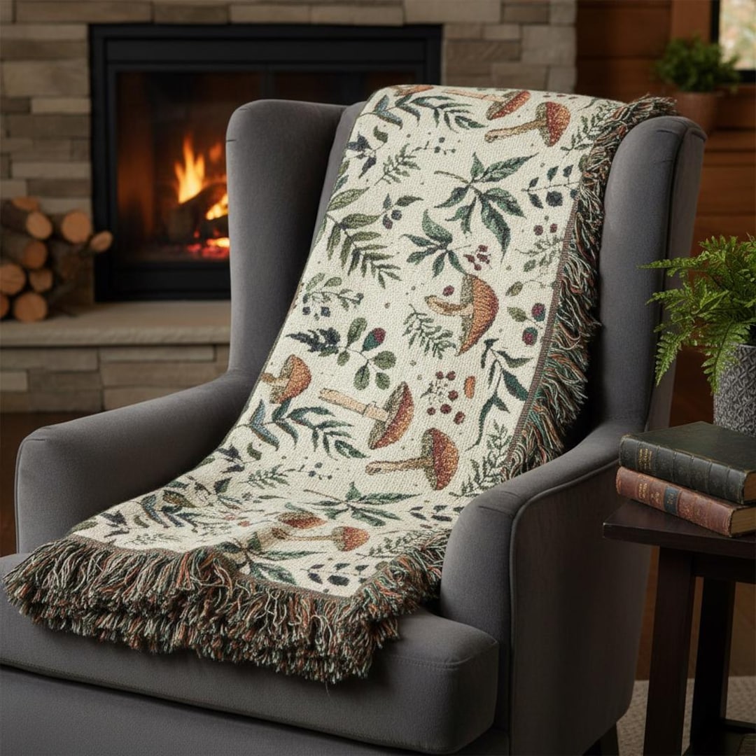 Mushroom Floral Meadow Woven Blanket | Botanical Forest Pattern