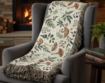 Manta tejida con estampado de prado floral de setas / Patrón de bosque botánico