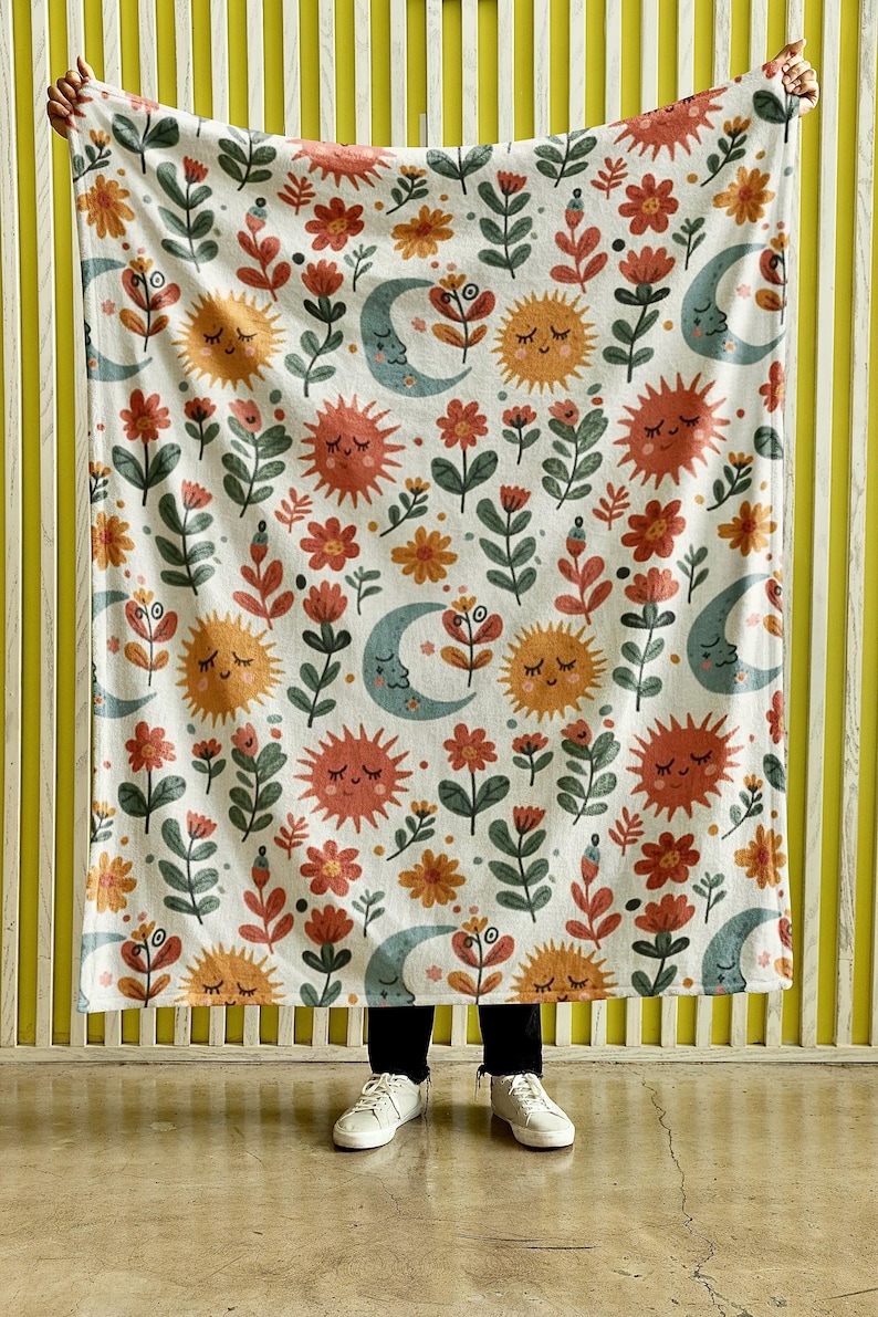 Boho Sun und Moon Samt-Plüschdecke, gemütlicher himmlischer botanischer himmlischer Überwurf Bild 5