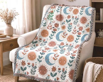 Boho Sun Moon Woven Blanket Vertical | Celestial Botanical Throw | Neutral Earth Tone Cotton Blanket