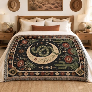 Wüsten Mond Gewebte Decke, Boho Western Decke, Himmlische Baumwolle Decke, Kaktus Floral Tapisserie, Rustikale Wohnkultur
