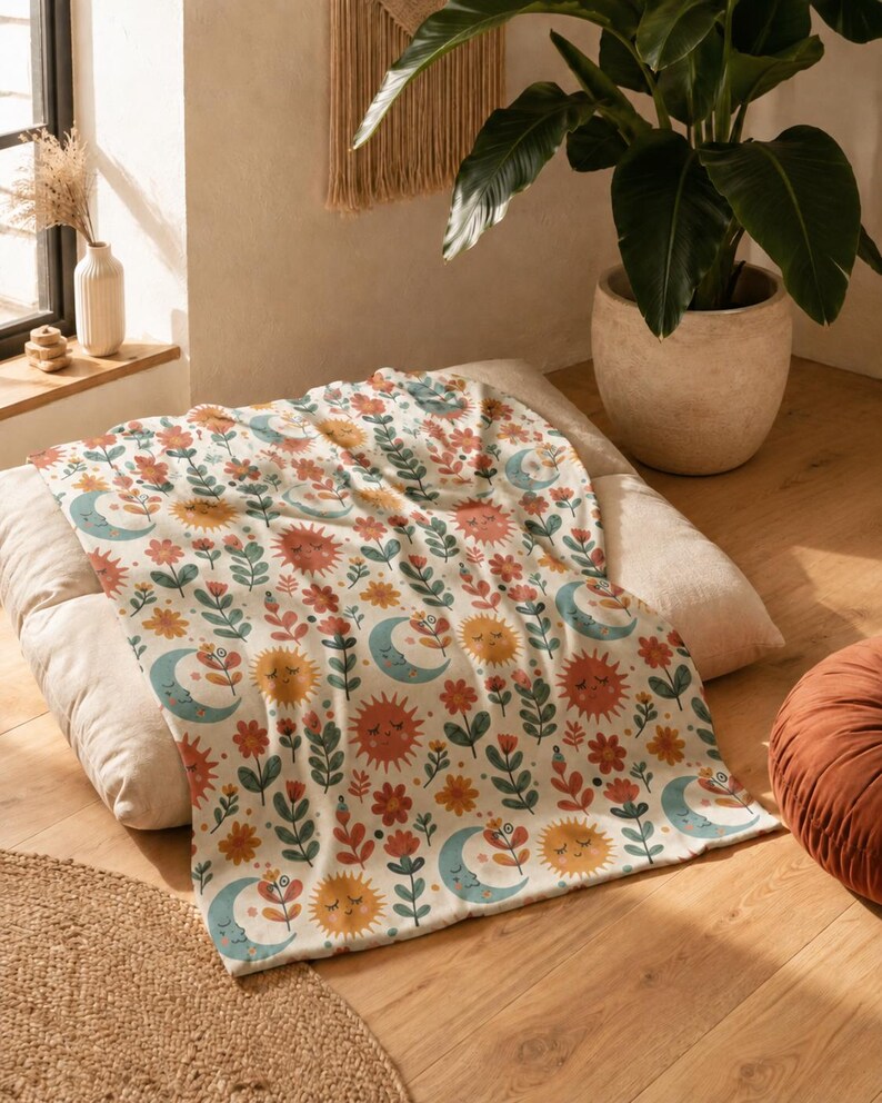 May include: A cream-colored throw blanket featuring a repeating pattern of smiling suns, crescent moons with faces, and various stylized flowers in shades of orange, yellow, teal, and muted red, printed across the soft fabric surface.