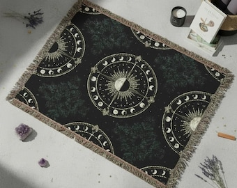 Manta tejida con fases lunares celestiales oscuras, tapiz lunar gótico con sol, decoración bohemia y mística.