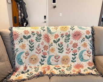 Manta tejida Boho Sol y Luna, manta botánica celestial, tapiz de algodón para decoración del hogar