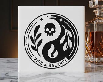 Posavasos de cerámica con calavera y llamas Yin Yang, posavasos para mesa de centro.