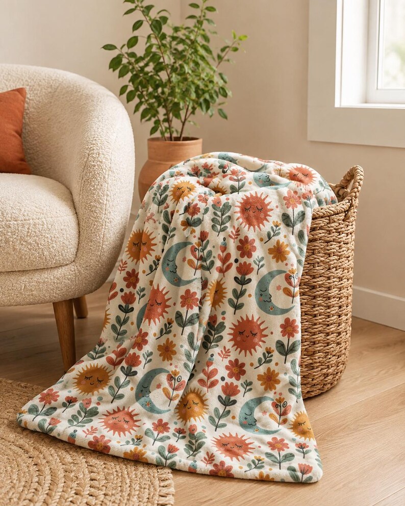 May include: A soft throw blanket featuring a repeating pattern of smiling suns, crescent moons, and various flowers in shades of terracotta, muted green, and soft blue on an off-white background, draped over a woven wicker basket.