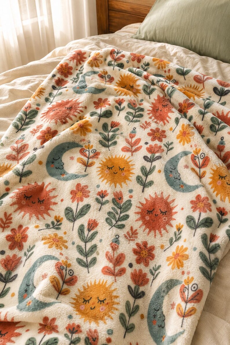 May include: A cream-colored fleece blanket featuring a repeating pattern of smiling suns in orange and yellow, crescent moons in muted blue, and various stylized flowers in shades of red, orange, and green, all with a soft, textured surface.