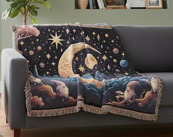 Manta tejida de gnomo celestial: decoración del hogar, manta acogedora, manta celestial, regalo para amantes de los gnomos, decoración bohemia para el hogar.