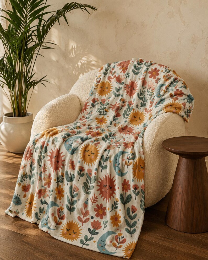May include: A soft throw blanket featuring a repeating pattern of smiling suns, crescent moons, and various flowers in shades of orange, yellow, teal, and muted red on a cream-colored background, draped over a textured off-white armchair.