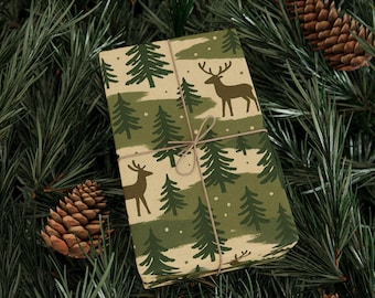 Papier do pakowania prezentów Vintage Woodland Deer | Kamuflażowy domek w lesie