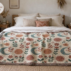 Boho-Decke mit Sonne- und Mondmotiv, botanische Himmelsdecke, gemütliche Cottagecore-Wohndekoration, naturinspirierter Wandteppich aus Baumwolle