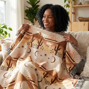 Southwestern Mesa Sun Muster gewebte Decke | Boho Wüste Sonnenaufgang Mond Motiv