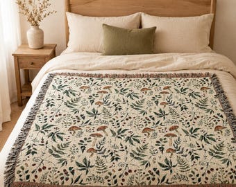 Mushroom Woven Blanket, Cottagecore Botanical Throw, Woodland Floral Blanket, Forest Home Decor