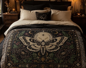Celestial Moth Woven Blanket Moon Phases Tapestry Throw
