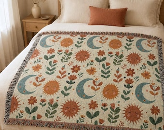 Boho Sun Moon Woven Blanket, Celestial Cotton Throw, Botanical Cottagecore Blanket, Nature Inspired Home Decor