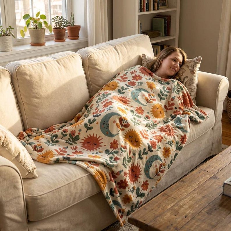 May include: A cream-colored throw blanket featuring a repeating pattern of orange suns, blue crescent moons with faces, and various red and orange flowers with green leaves, draped over a person resting on a beige upholstered sofa.