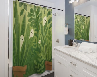 Botanical Ghost Plant Shower Curtain | Whimsical Green Bathroom Decor