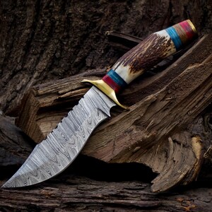 10 inch Handmade Damascus Stag Antler Handle Knife W Sheath, Knife handle color shape could be different then pics, Valentines Gifts for Him image 6