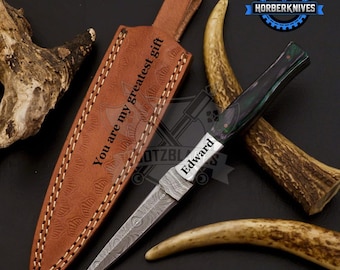 8.0 inch Boot Knife, Damascus Steel Knife, Full Tang Knife, Wood Handle, Camping Knives, Personalized Hunting Knife, Best Gift