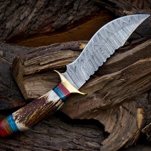 10 inch Handmade Damascus Stag Antler Handle Knife W Sheath, Knife handle color shape could be different then pics, Valentines Gifts for Him image 8