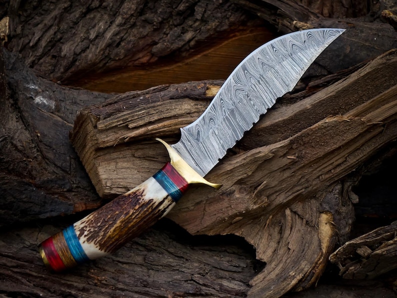 10 inch Handmade Damascus Stag Antler Handle Knife W Sheath, Knife handle color shape could be different then pics, Valentines Gifts for Him image 8