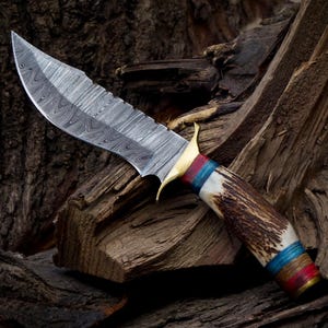 10 inch Handmade Damascus Stag Antler Handle Knife W Sheath, Knife handle color shape could be different then pics, Valentines Gifts for Him image 7