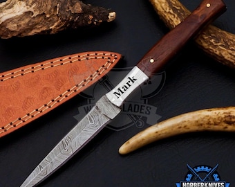 8.0 inch Boot Knife, Damascus Steel Knife, Full Tang Knife, Wood Handle, Camping Knives, Personalized Hunting Knife, Best Gift