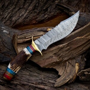 10 inch Handmade Damascus Stag Antler Handle Knife W Sheath, Knife handle color shape could be different then pics, Valentines Gifts for Him image 9