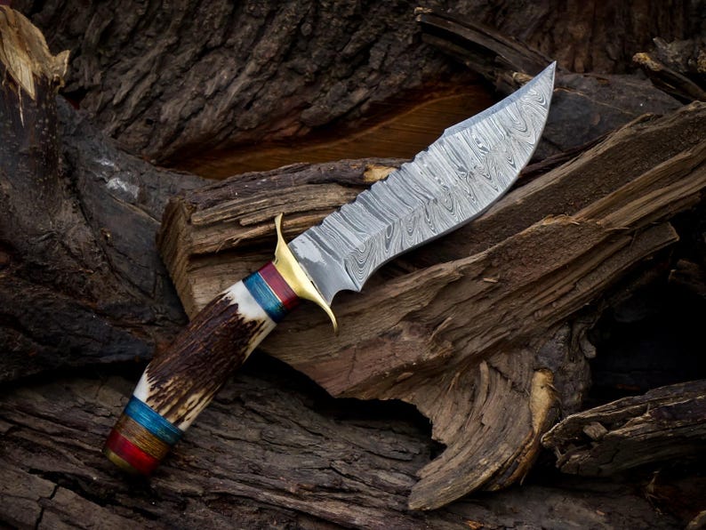 10 inch Handmade Damascus Stag Antler Handle Knife W Sheath, Knife handle color shape could be different then pics, Valentines Gifts for Him image 9