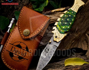 Handmade Damascus Knife Personalized Pocket Knife Folding Knife Groomsmen Gift Fish Knife Father's Day Fishing Gift for Men Boyfriend Dad