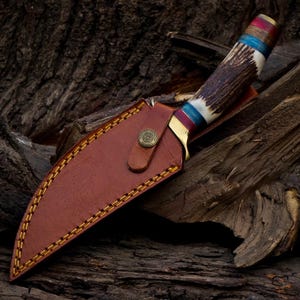 10 inch Handmade Damascus Stag Antler Handle Knife W Sheath, Knife handle color shape could be different then pics, Valentines Gifts for Him image 4