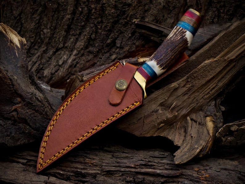10 inch Handmade Damascus Stag Antler Handle Knife W Sheath, Knife handle color shape could be different then pics, Valentines Gifts for Him image 4
