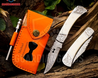 Personalized Damascus Folding Knife, Handmade Leather Sheath, Groomsmen Gift