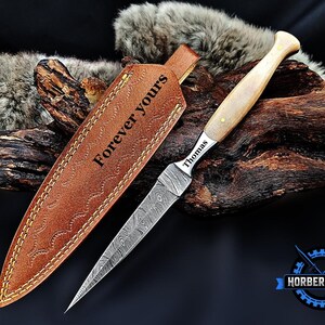 8.0 inch Boot Knife, Damascus Steel Knife, Full Tang Knife, Wood Handle, Camping Knives, Personalized Hunting Knife, Best Gift