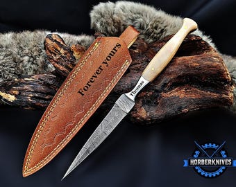 8.0 inch Boot Knife, Damascus Steel Knife, Full Tang Knife, Wood Handle, Camping Knives, Personalized Hunting Knife, Best Gift