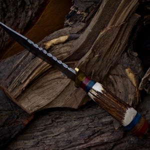 10 inch Handmade Damascus Stag Antler Handle Knife W Sheath, Knife handle color shape could be different then pics, Valentines Gifts for Him image 3
