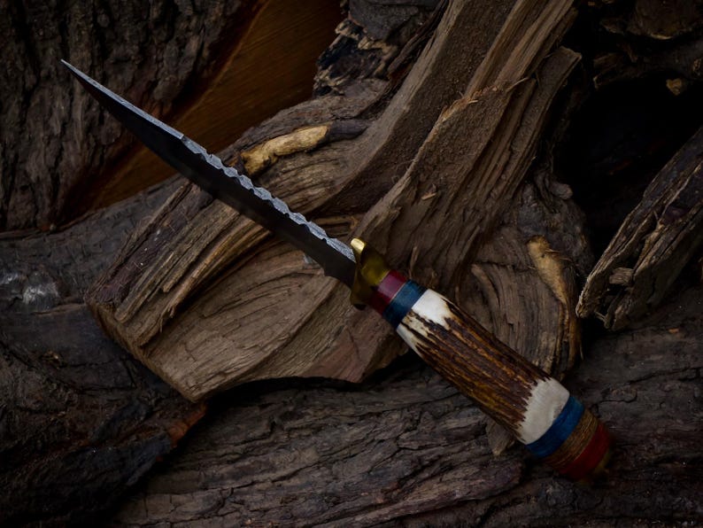 10 inch Handmade Damascus Stag Antler Handle Knife W Sheath, Knife handle color shape could be different then pics, Valentines Gifts for Him image 3