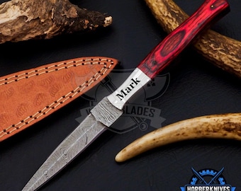 8.0 inch Boot Knife, Damascus Steel Knife, Full Tang Knife, Wood Handle, Camping Knives, Personalized Hunting Knife, Best Gift
