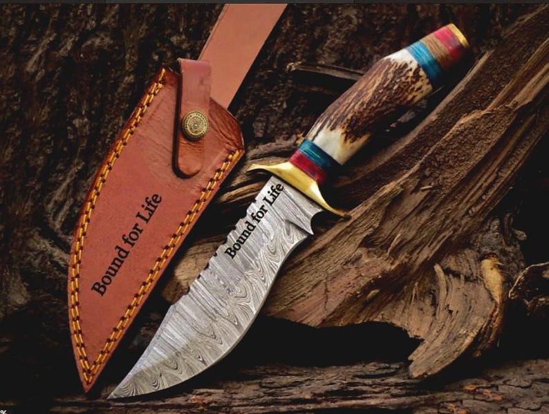 10 inch Handmade Damascus Stag Antler Handle Knife W Sheath, Knife handle color shape could be different then pics, Valentines Gifts for Him image 1