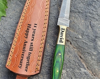 8.0 inch Boot Knife, Damascus Steel Knife, Full Tang Knife, Wood Handle, Camping Knives, Personalized Hunting Knife, Best Gift