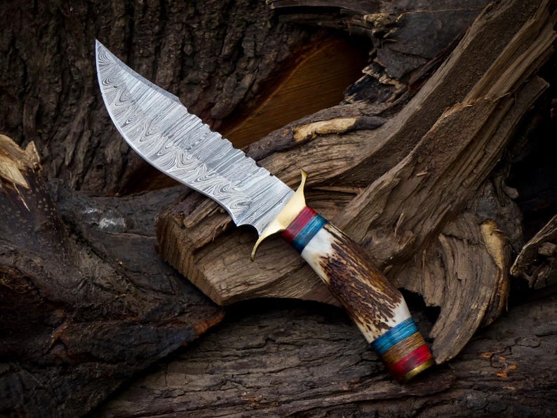 10 inch Handmade Damascus Stag Antler Handle Knife W Sheath, Knife handle color shape could be different then pics, Valentines Gifts for Him image 2